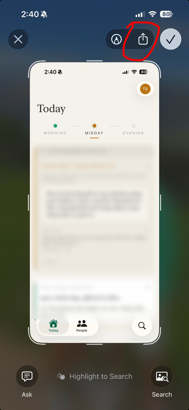 Take a screenshot in becoming, then tap the Share icon at the top of the screenshot preview
